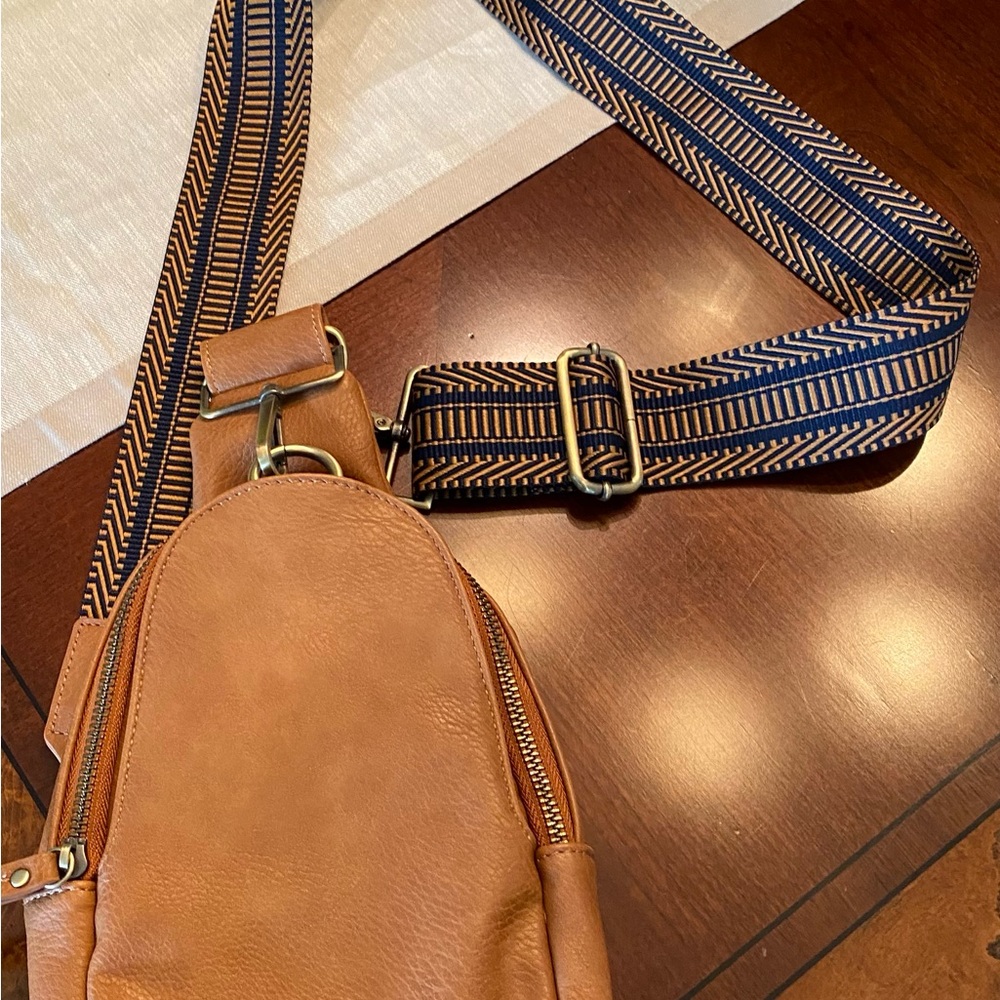 Tan Leather Crossbody Bag with Patterned Strap